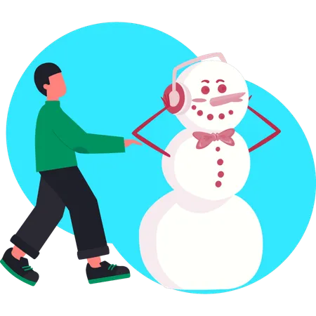 Junger Mann zeigt Schneemann, wo er Musik hört  Illustration