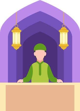 Junger muslimischer Junge steht in der Moschee  Illustration