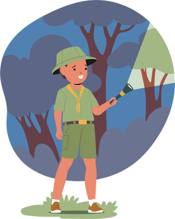 Junge Scout Boy mit Taschenlampe in der Abenddämmerung  Illustration