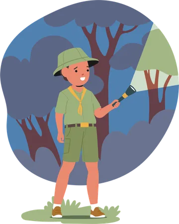 Junge Scout Boy mit Taschenlampe in der Abenddämmerung  Illustration