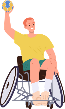 Junger Sportler sitzt im Rollstuhl und spielt Volleyball  Illustration