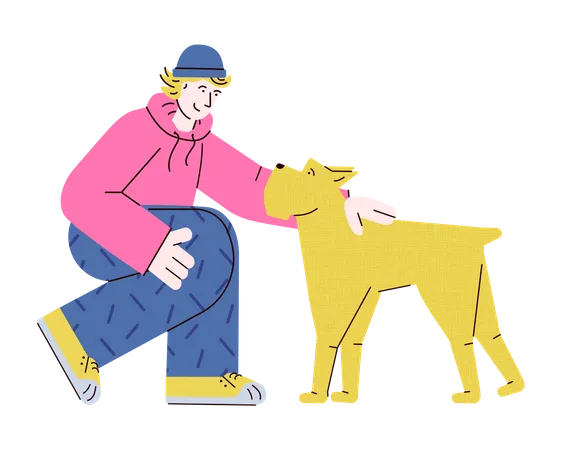 Junger Teenager streicheln gelben Hund  Illustration