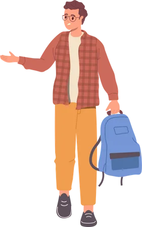 Junger Teenager junge Student zu Fuß mit Rucksack streckte Hand, um Hallo zu sagen  Illustration