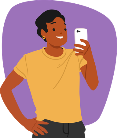 Junger trendiger Modetyp, der sein Mobiltelefon für eine nette Kommunikation mit Freunden nutzt  Illustration