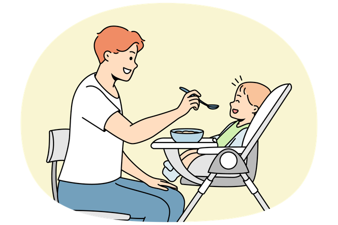 Junger Vater füttert Baby im Hochstuhl mit Löffel  Illustration