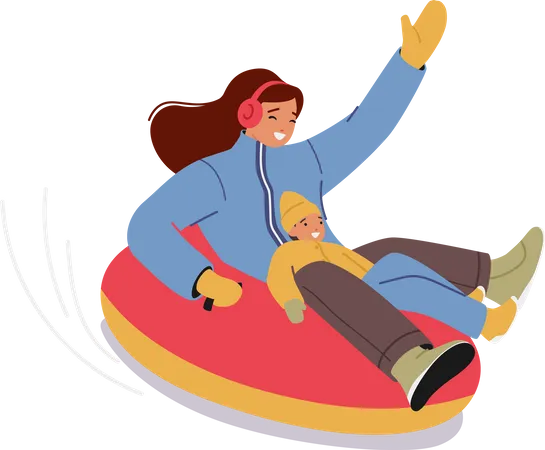 Junges glückliches Mädchen rutscht auf Snowtubing und hat Spaß im Winterurlaub  Illustration