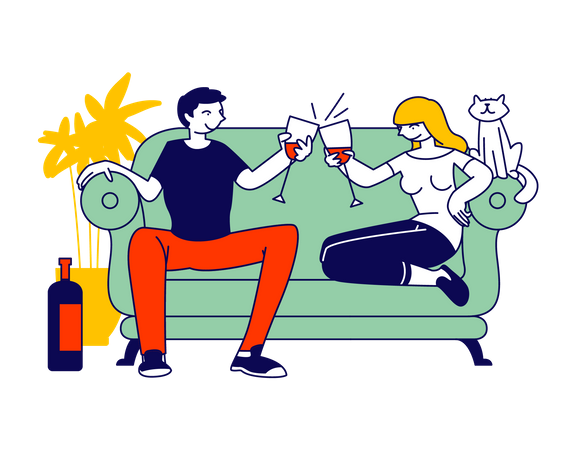 Junges Liebespaar verbringt Zeit zu Hause zusammen auf der Couch sitzend  Illustration