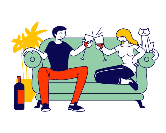 Junges Liebespaar verbringt Zeit zu Hause zusammen auf der Couch sitzend  Illustration