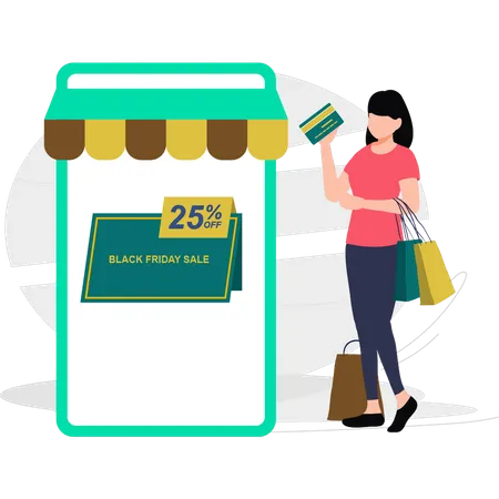 Junges Mädchen beim Shoppen mit 25 % Rabatt  Illustration