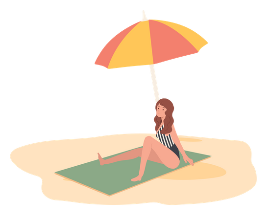 Junges Mädchen entspannt sich am Strand, sitzt auf einer Matte unter einem Sonnenschirm  Illustration