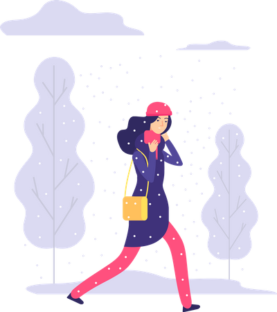 Junges Mädchen geht bei Schneefall nach draußen  Illustration