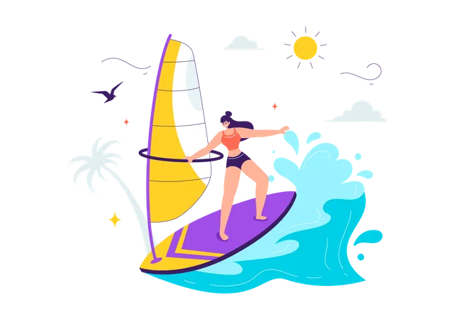 Junges Mädchen genießt Windsurfen  Illustration