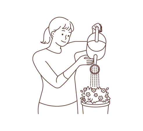 Junges Mädchen gießt Blumentopf  Illustration