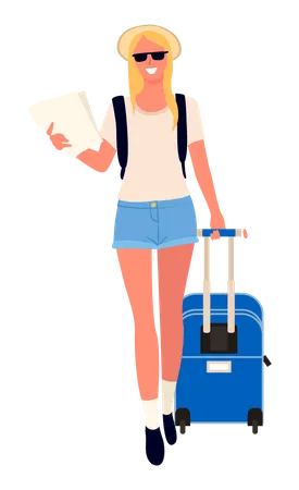 Junges Mädchen mit Dokument und Reisetasche auf Reise  Illustration