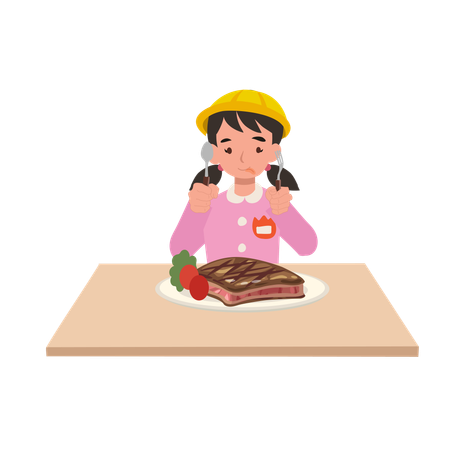 Junges Mädchen in japanischer Kindergartenuniform isst ein großes Steakgericht an einem Esstisch  Illustration