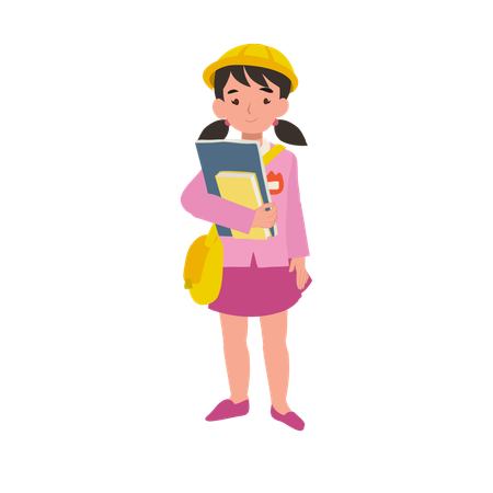 Junges Mädchen in Kindergartenuniform mit Lehrbuch für die Ausbildung  Illustration