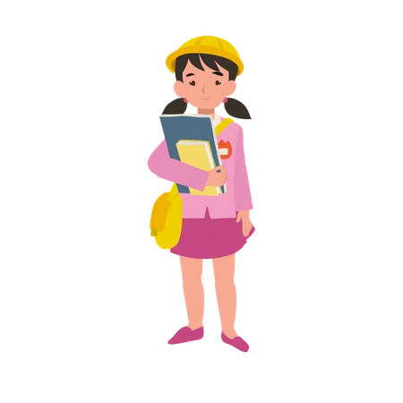 Junges Mädchen in Kindergartenuniform mit Lehrbuch für die Ausbildung  Illustration