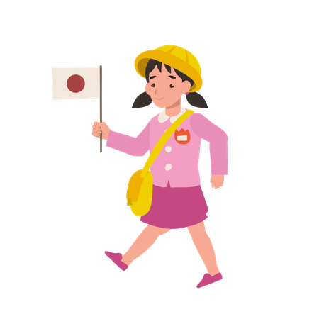 Junges Mädchen in Kindergartenuniform winkt japanische Flagge  Illustration