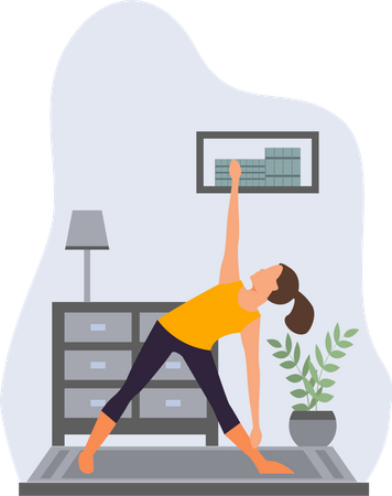 Junge Mädchen lernen Trikonasana im Zimmer  Illustration