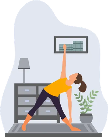 Junge Mädchen lernen Trikonasana im Zimmer  Illustration