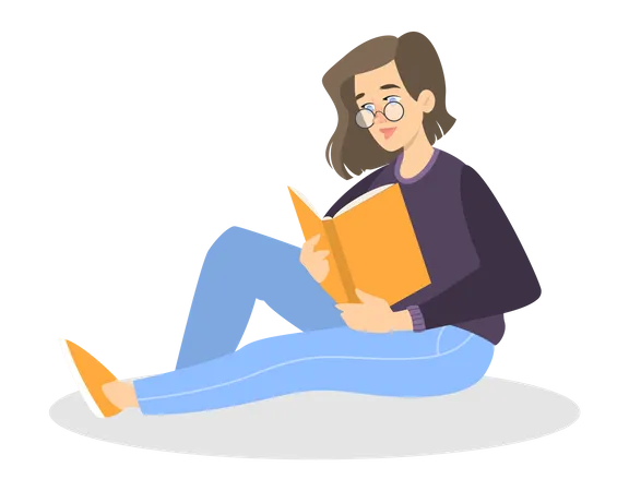 Junges Mädchen liest Buch, während sie auf dem Boden sitzt  Illustration