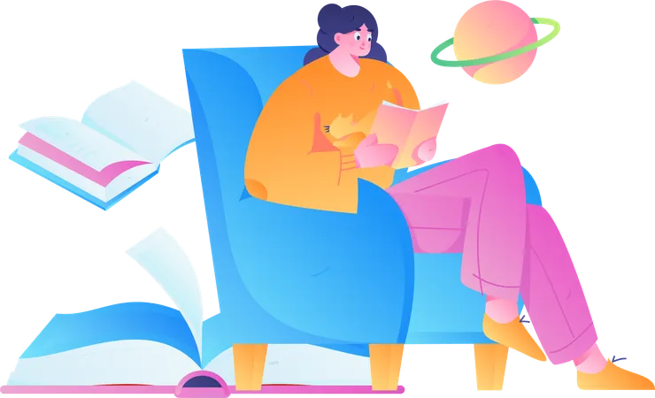 Junges Mädchen liest Weltraumbuch auf dem Sofa  Illustration