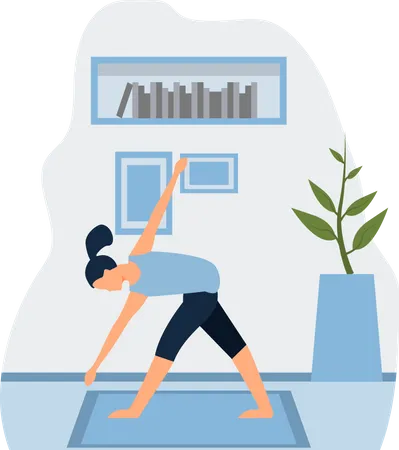 Junges Mädchen macht Trikonasana zu Hause  Illustration