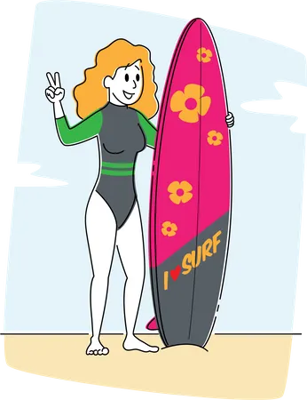Junges Mädchen mit Surfbrett in den Händen steht am Sandstrand und zeigt Siegesgeste  Illustration