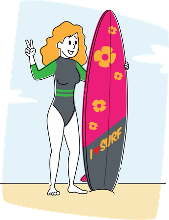 Junges Mädchen mit Surfbrett in den Händen steht am Sandstrand und zeigt Siegesgeste  Illustration