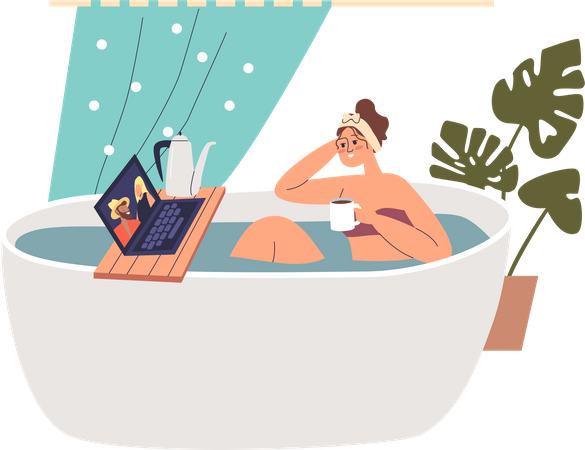 Junges Mädchen nimmt ein Bad und sieht sich einen Film auf dem Laptop an, während sie heißen Tee trinkt  Illustration
