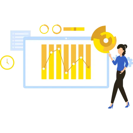 Junges Mädchen betrachtet Graphenanalyse  Illustration