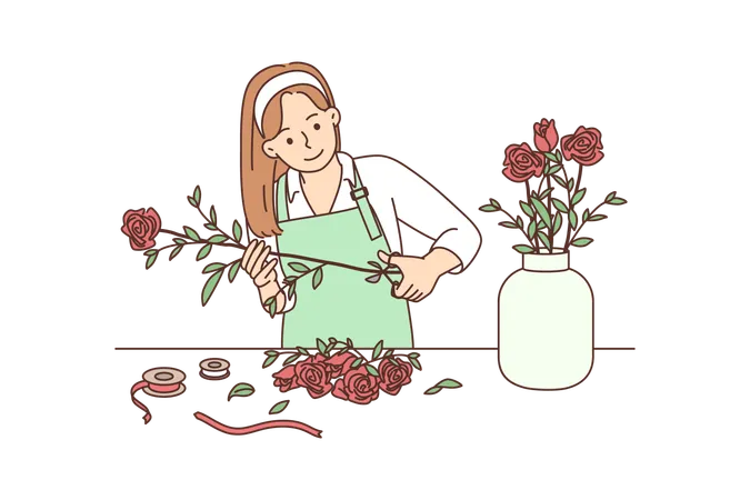 Junges Mädchen schneidet Rose und steckt sie in einen Blumentopf  Illustration