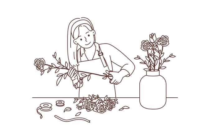 Junges Mädchen schneidet Rose und steckt sie in einen Blumentopf  Illustration