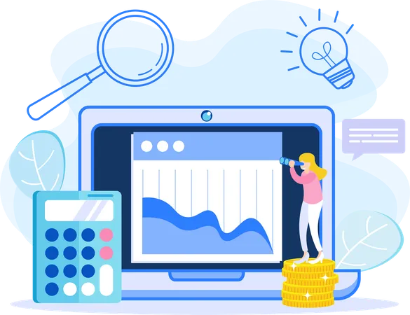 Junges Mädchen sucht Finanzanalyse mit Teleskop  Illustration