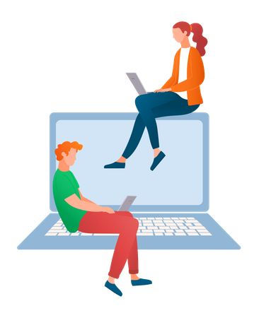 Junges Mädchen und Mann arbeiten am Laptop  Illustration