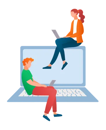 Junges Mädchen und Mann arbeiten am Laptop  Illustration