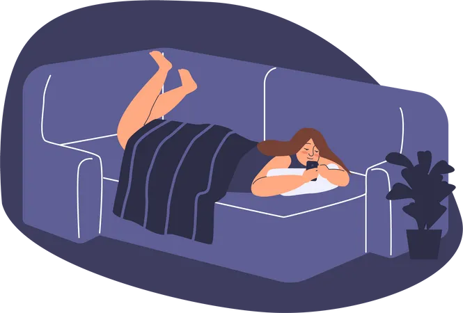 Junges Mädchen verbringt Zeit im Bett liegend mit Smartphone  Illustration