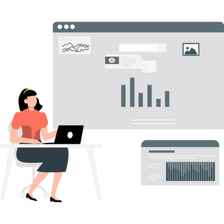 Junges Mädchen zeigt Geschäftsdiagramm auf Webseite  Illustration