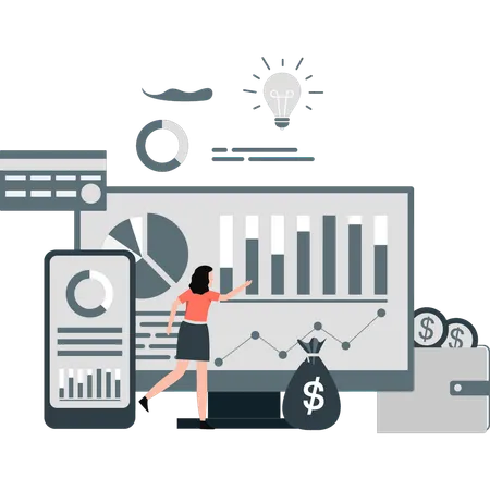 Junges Mädchen zeigt Business-Chart-Grafik  Illustration