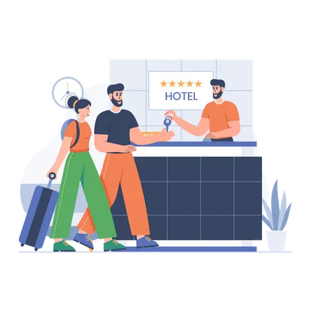 Junges Paar an der Hotelrezeption  Illustration