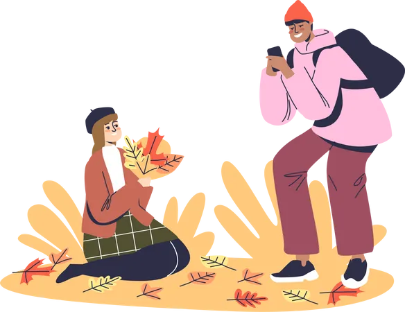 Junges Paar fotografiert im Herbstlaub im Park  Illustration