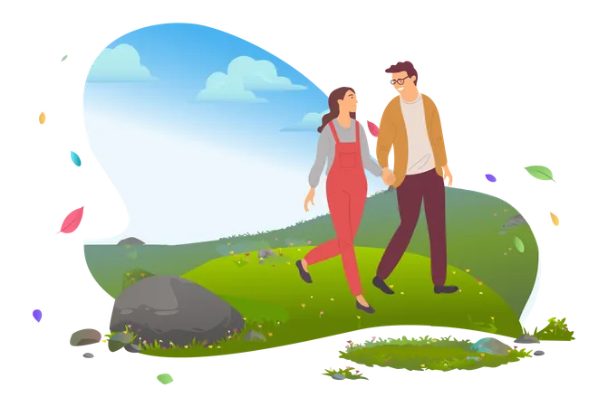 Junges Paar zu Fuß in Richtung Berge  Illustration