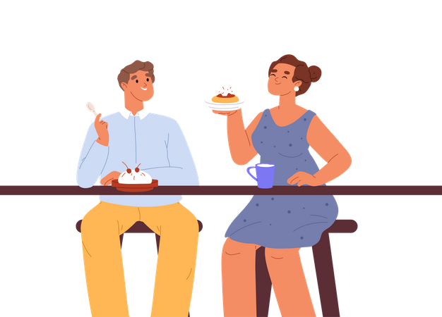 Junges Paar isst gemeinsam Desserts  Illustration