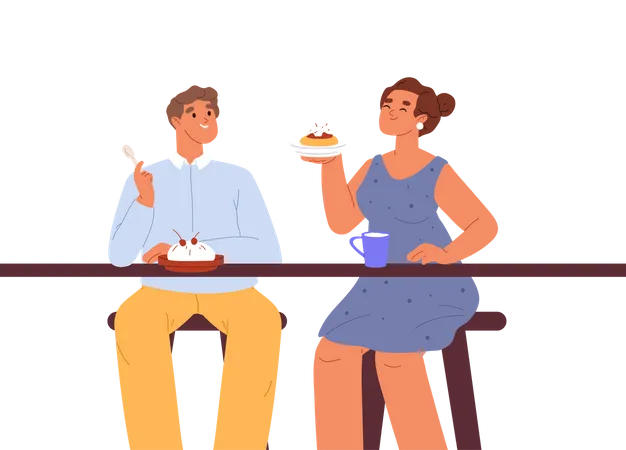 Junges Paar isst gemeinsam Desserts  Illustration