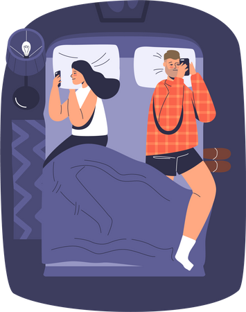 Junges Paar liegt mit Smartphone im Bett  Illustration
