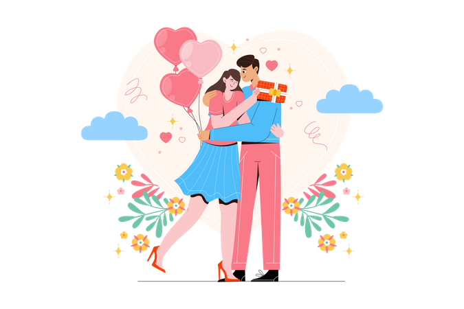 Junges Paar macht ein besonderes Geschenk zum Valentinstag  Illustration