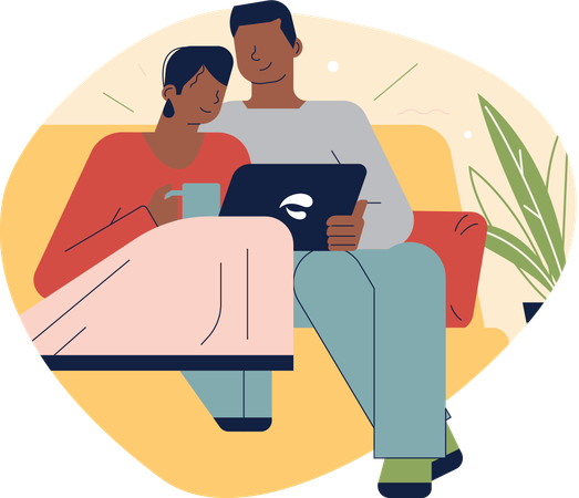 Junges Paar schaut sich zu Hause ein Video auf dem Tablet an  Illustration
