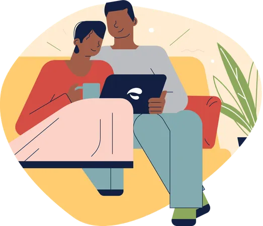 Junges Paar schaut sich zu Hause ein Video auf dem Tablet an  Illustration