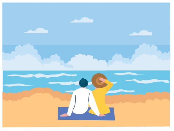 Junges Paar sitzt am Strand und genießt den Blick auf den Strand  Illustration