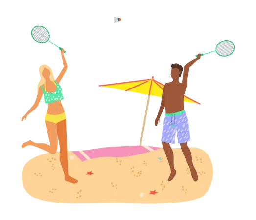 Junges Paar spielt Badminton am Strand  Illustration